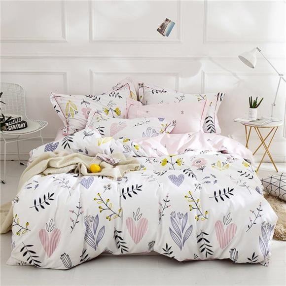 Flower Print Cotton Girls Duvet Cover Set 3Piece Pink Reversible Full BeddingSet - Picture 3 of 6